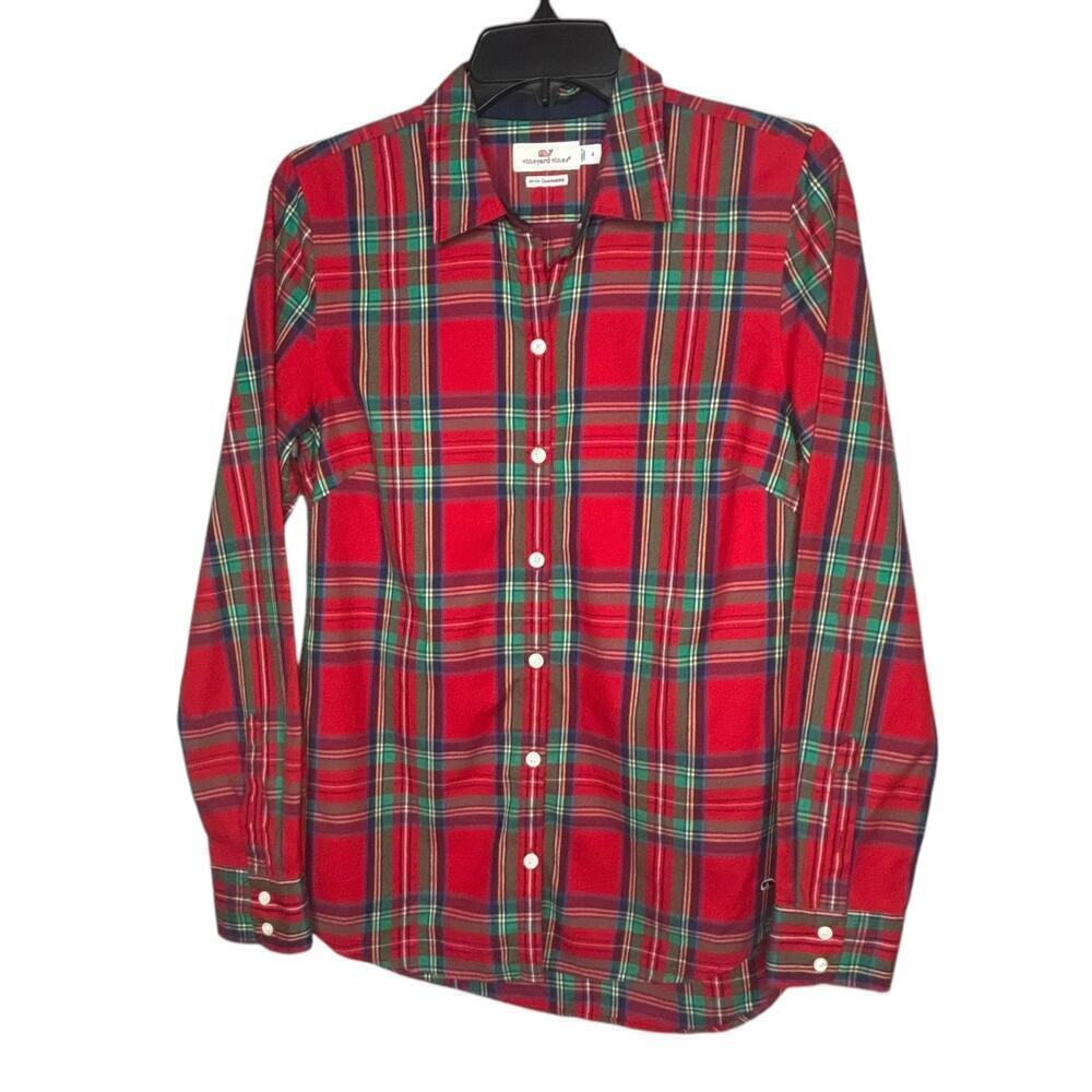 Vineyard Vines Red & Green Cashmere Cotton Button Down Plaid Shirt Size 4